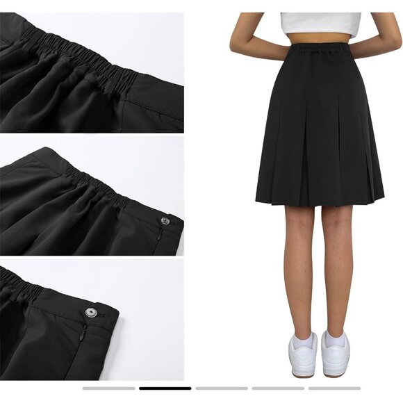 Women Knee Length Pleated Skirts, Girl Midi Long High Waisted Skirt Black - Picture 4 of 7
